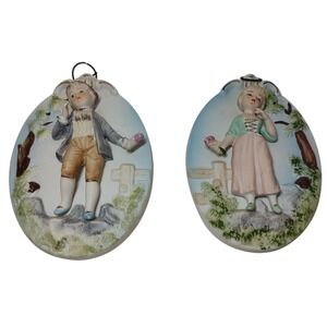 Vintage Ardco Boy Girl Bisque‎ Plaques Raised Oval Shaped Victorian Style Japan